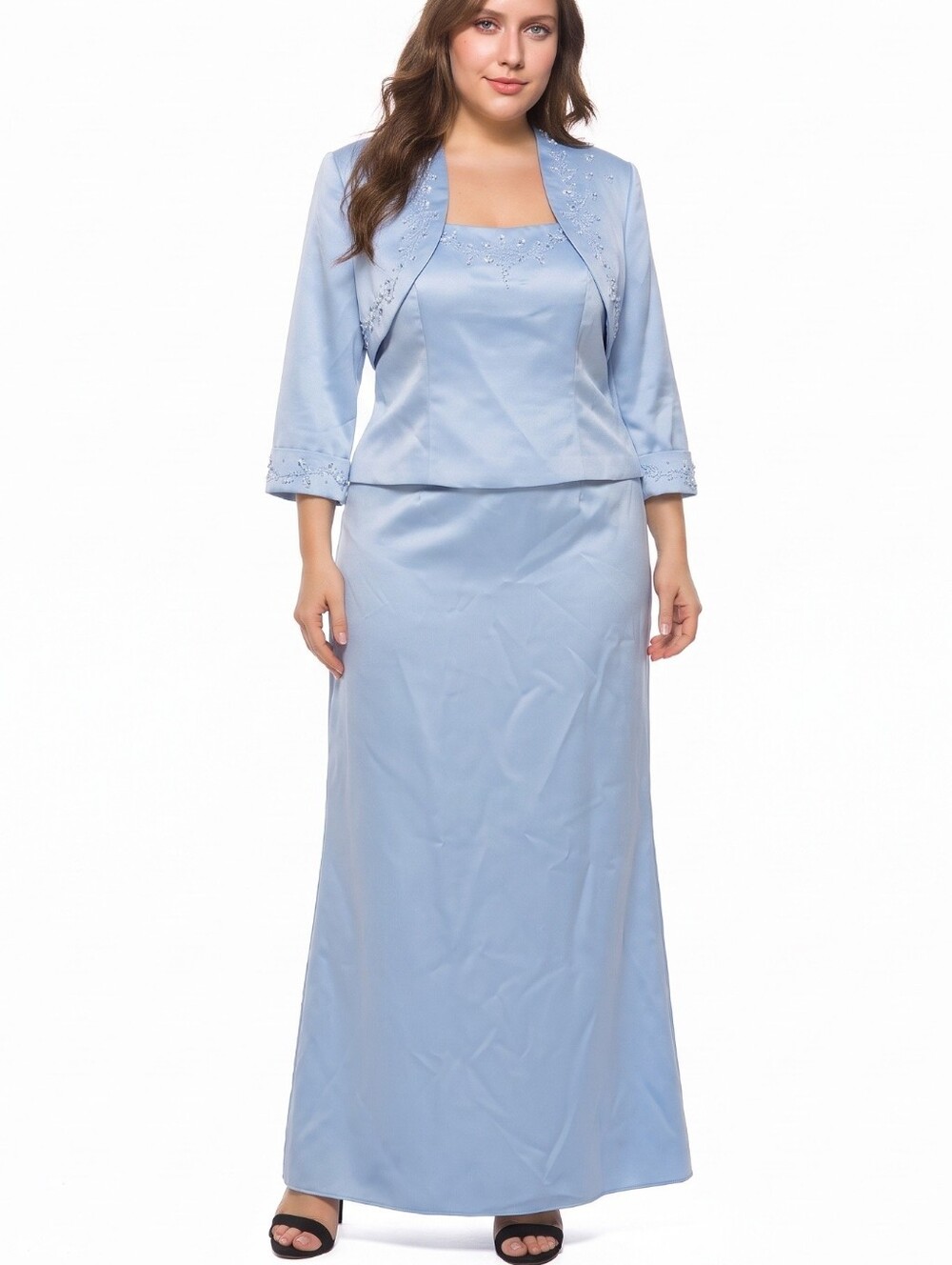 J.R. Nites Women's Vintage Regency Blue Satin Beaded Formal Dress 2pc Set 12P